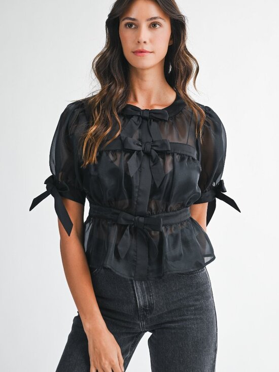 Mable Tops - NWT Mable Black Aurelie Organza Bow Puff Short Sleeve Top